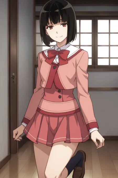 score_9, score_8_up, score_7_up, score_6_up, score_5_up, source_anime, rating_safe, indoors, 1girl, solo, medium breasts, looking at viewer, <lora:age_slider_v4:2>, yagami kagami, black hair, short hair, bob cut, red eyes, school uniform, pink uniform, white collar. pink bowtie, pink jacket, pink shirt, pink skirt, pleated skirt, black kneehighs, loafers, <lora:Kagami_Yagami:0.7>, smile