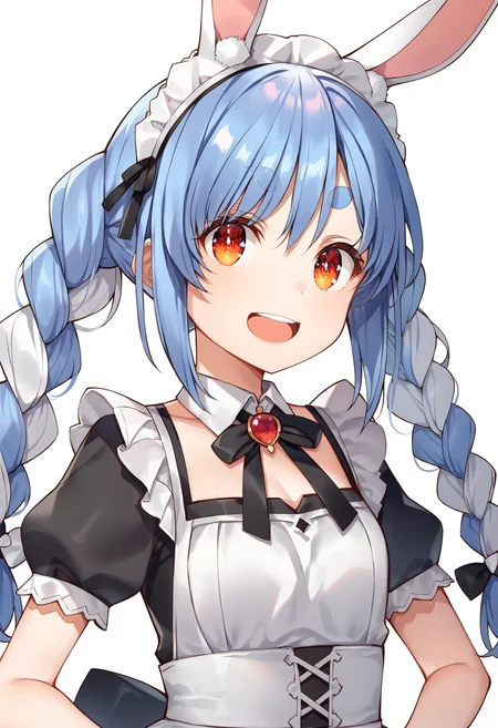 score_9, score_8_up, score_7_up BREAK
source_anime, rating_safe, yhagurestyle, simple background, smile, open mouth, :d, looking at viewer, upper body, 1girl, solo, usada pekora, virtual youtuber, animal ears, rabbit ears, long hair, multicolored hair, blue hair, braid, twin braids, hair ornament, maid, frills, detached collar, black neck ribbon, red gem, short sleeves <lora:yuukihagure_style_t-000023:0.9>