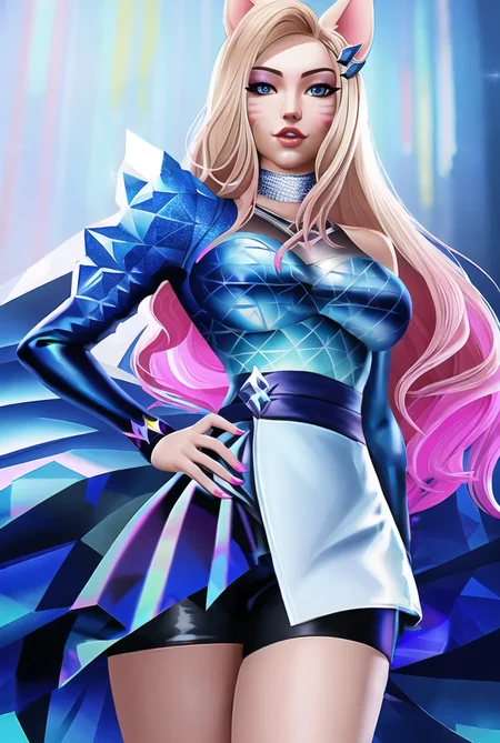 by jeremy mann, by sandra chevrier, by dave mckean and richard avedon and maciej kuciara, high detailed, 8k, highres, (((k/da all out ahri))), ahri \(league of legends\), league of legends, official art, 1girl, k/da (league of legends), animal ears, solo, fox ears, long hair, blonde hair, hand on hip, blue eyes, idol, official alternate costume, facial mark, looking at viewer, gloves, pink hair, fingerless gloves, whisker markings, breasts, makeup, lips, skirt, hair ornament, white background, simple background