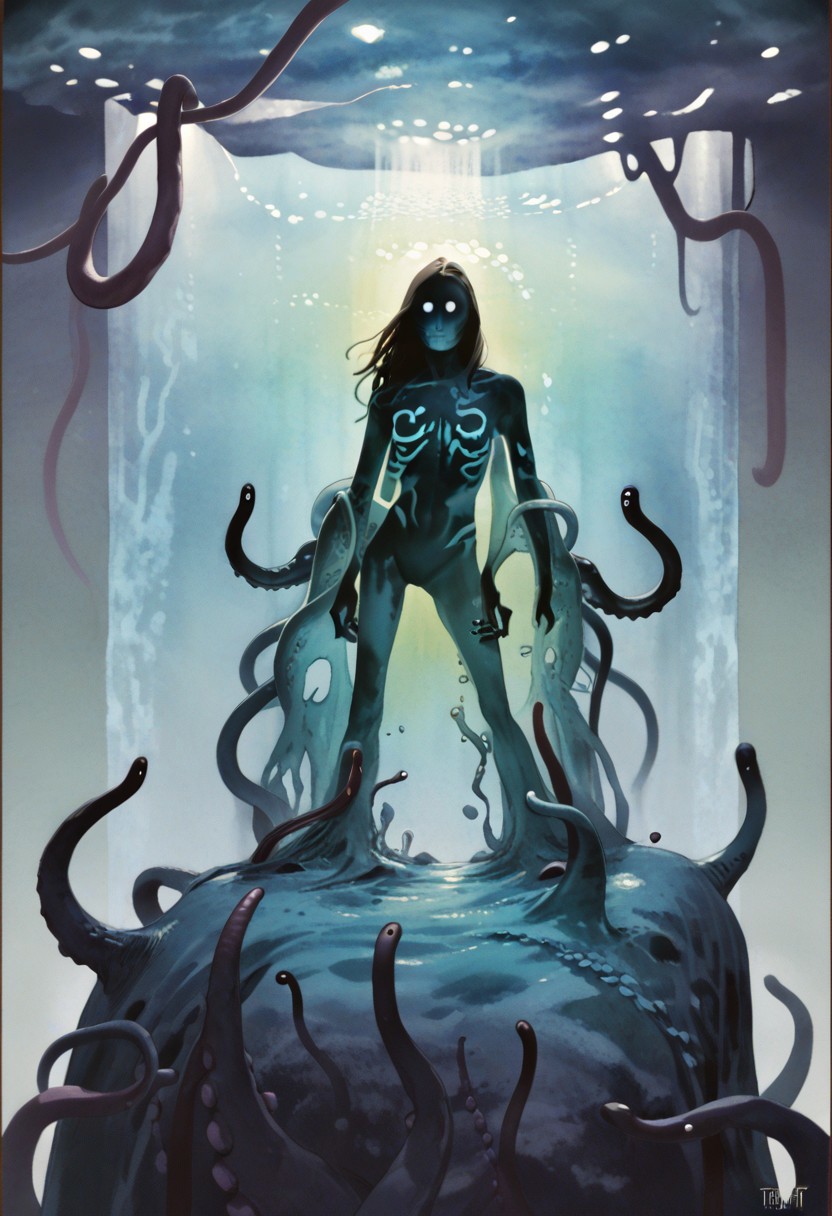 weird water woman, 19yo, portrait, strange tentacles, prismatic beams, score_9, score_8_and_up