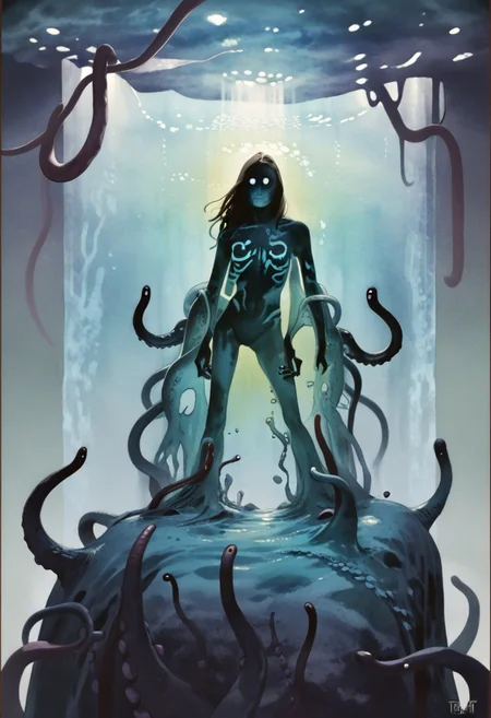 weird water woman, 19yo, portrait, strange tentacles, prismatic beams, score_9, score_8_and_up