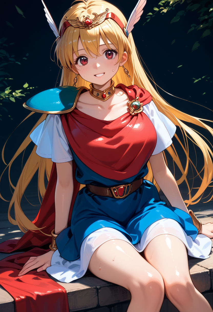 score_9, score_8_up, score_7_up, score_6_up, anime_lineart
1girl, solo,
<lora:chacha magical princess:1>, chacha magical princess, blonde hair, jewelry, dress, bracelet, cape, brown eyes, red eyes, tiara, skirt, choker, shoulder armor, hairband, armor, belt, pauldrons
huge breasts, smile,
sweat, sitting, shiny skin,