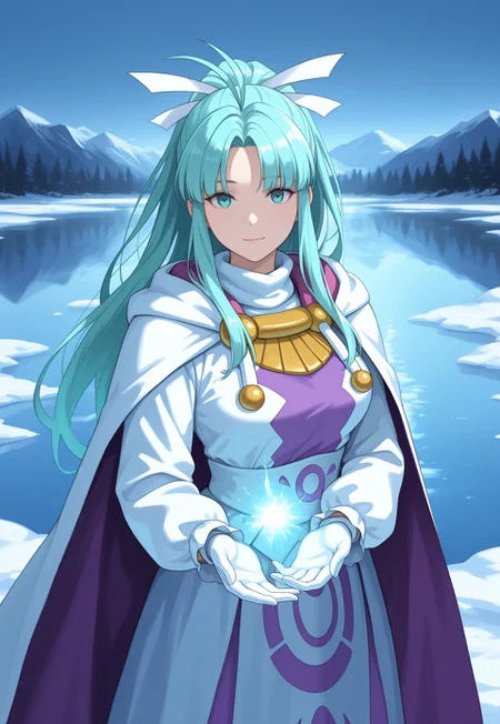 masterpiece, best quality, realistic, 1girl, cowboy shot, light smile, looking at viewer, 
m1a, aqua hair, parted bang, high ponytail, long hair, antenna hair, sidelocks, aqua eyes,
hair ribbon, cape, two-tone dress, white and purple dress, long sleeves, long dress, white gloves, casting spell, cold color palette, blue light, frozen lake, arctic,