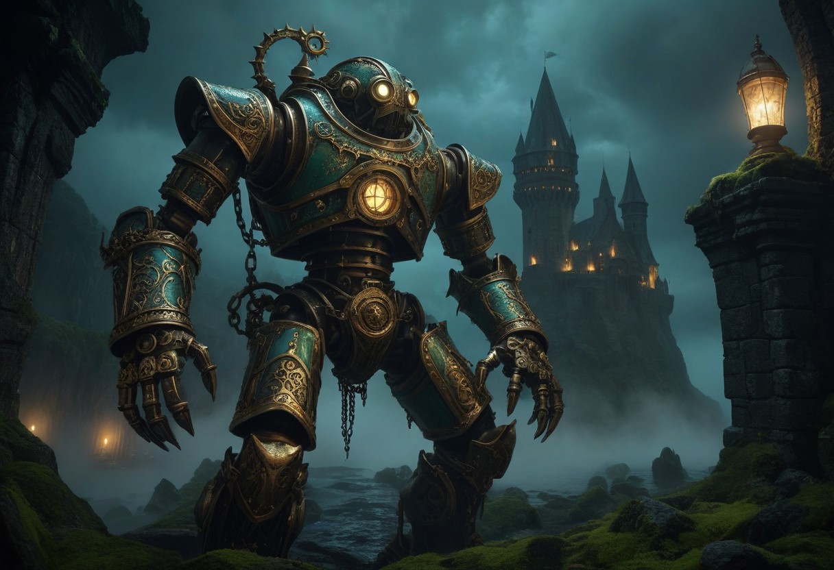giant bipedal robot brass and dark teal striped paint, bronze paisley robot. lacy robot metal. diving helmet head. outside of a steampunk keep. large detailed torso. dark image. one forty foot tall ancient robot with great arms and two heavy spring legs. dark foggy night background. $dark foggy night image only. dark photo realistic image. steampunk details. cogs, chains and pipes incorporated in the fantasy buildings. magic wizards tower in background. Dark swamp, moss, castle ruins, wizards tower. stormy dark night.  stormy sky.  rain