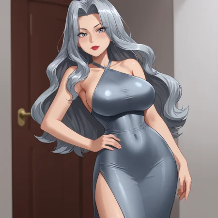 <lora:karenpokemon_pony_v1:.8>  KarenPokemon, 1girl, solo, long hair,large breasts, grey eyes, grey hair, eyelashes, lipstick,eyeshadow, cowboy shot,  <lora:0932 Home wear 9_v1_pony:1> ruanyi0932,blue dress,halter dress,sleeveless,cowboy shot,taut dress,skin tight,long dress