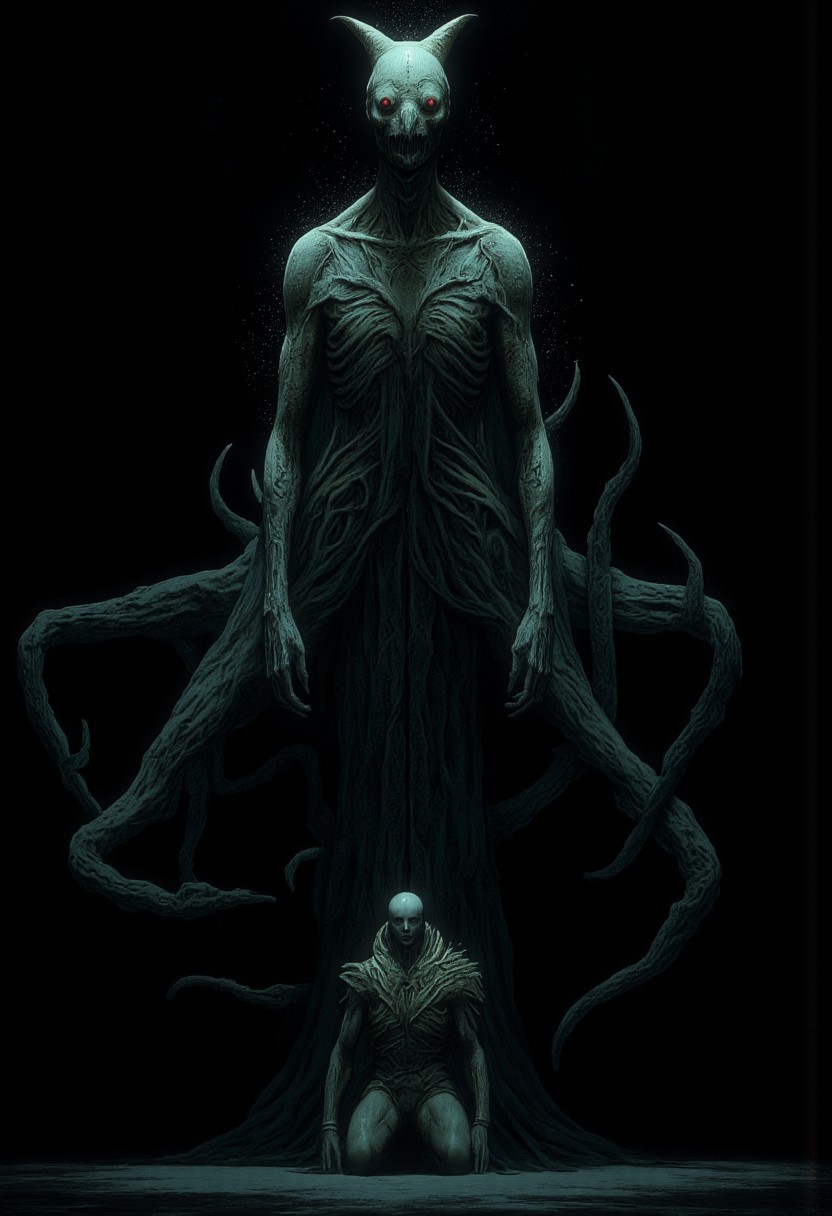 Set against a solid dark black color background to emphasize its unsettling unnatural form that emphasizes its silhouette. The medium is not a traditional painting or illustrative medium like watercolor or ink but rather a digital 3D rendering.
closeup of a man kneeling in front of a Monster Boss resembling an ethereal three-eyed raven
MikeFranchinastyle, d4artstyle, d4concept, , bbstyle,, horror theme,, zbrush, ZBClay model of a gray sculpture, 1990's, 1990's style