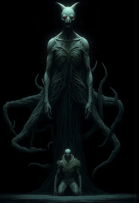 Set against a solid dark black color background to emphasize its unsettling unnatural form that emphasizes its silhouette. The medium is not a traditional painting or illustrative medium like watercolor or ink but rather a digital 3D rendering.
closeup of a man kneeling in front of a Monster Boss resembling an ethereal three-eyed raven
MikeFranchinastyle, d4artstyle, d4concept, , bbstyle,, horror theme,, zbrush, ZBClay model of a gray sculpture, 1990's, 1990's style