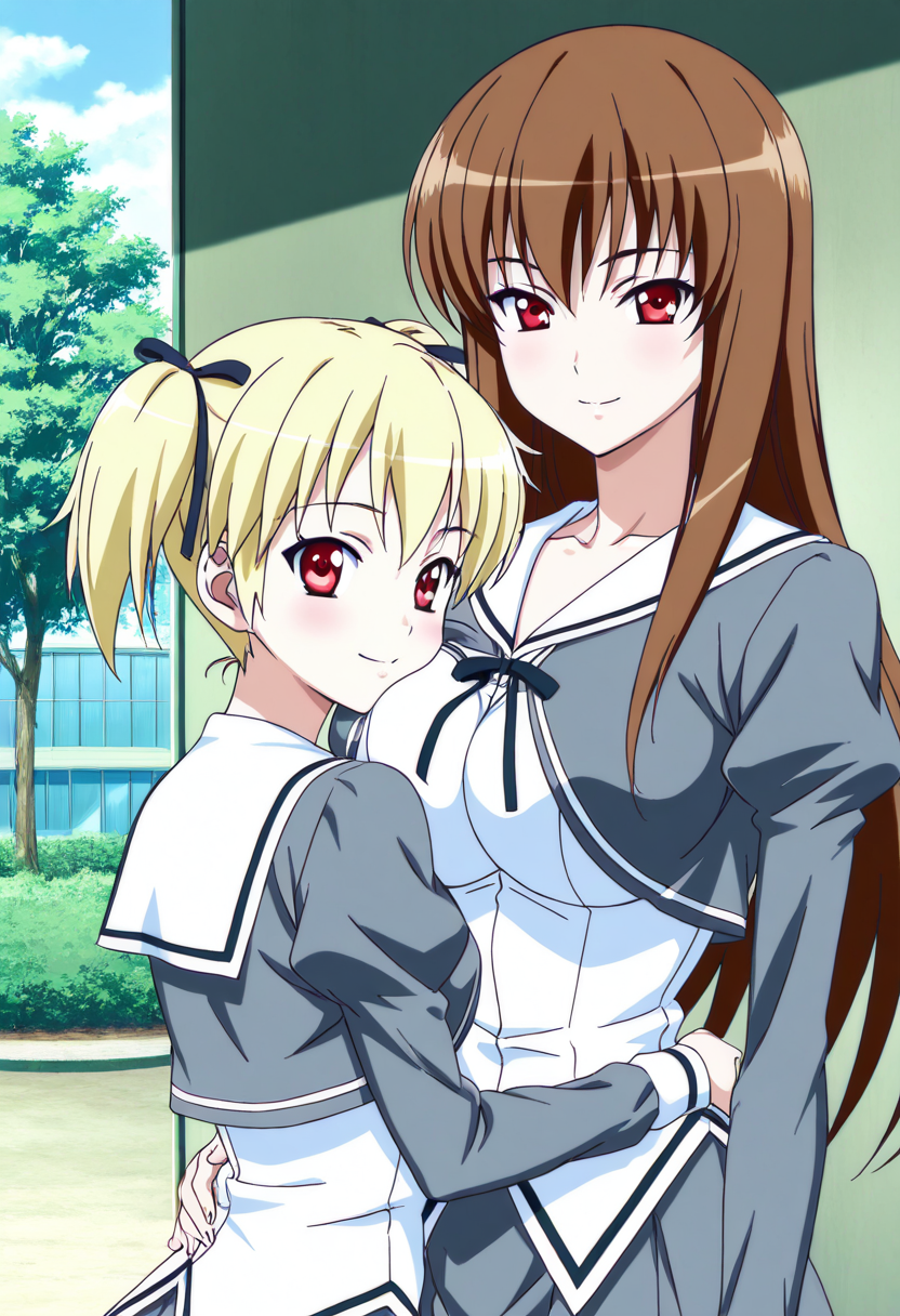 masterpiece, best quality, smile, looking at viewer, narrow waist,    aki sora, 2girls, hug, asymmetrical docking,  large breasts, long hair, brown hair female, school uniform, skirt   short hair, blonde hair, red eyes, ribbon, twintails, school uniform, hair ribbon, upper body, outdoors, serafuku, tree, short twintails ,anime screenshot,  ,    <lora:AkiSoraYumenoNaka_IXL:1.0>,