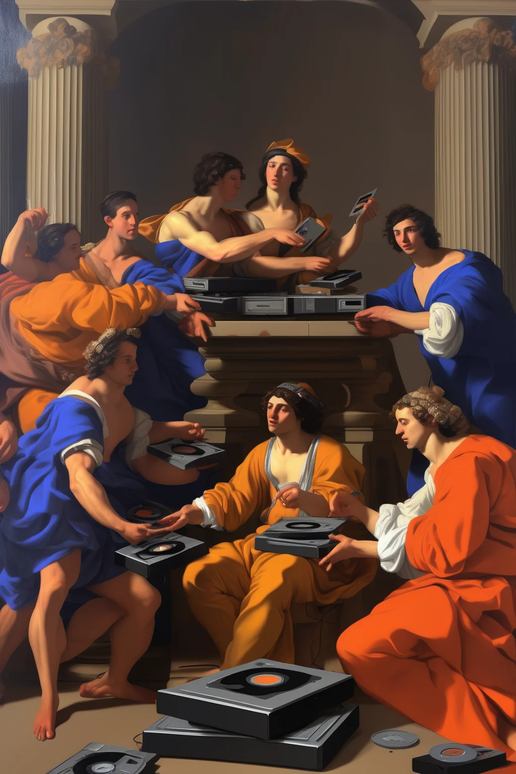 <lora:Nicolas Poussin Style:1>Nicolas Poussin Style - People listening to music, holding floppy disk drives and handing each other floppy disks. Baroque painting. In the style of Nicolas Poussin.