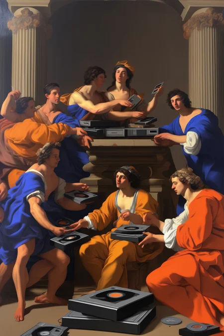 <lora:Nicolas Poussin Style:1>Nicolas Poussin Style - People listening to music, holding floppy disk drives and handing each other floppy disks. Baroque painting. In the style of Nicolas Poussin.