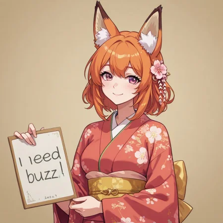 Cute girl with fox ear, medium breasts, kimono, smile, holding board "need_buzz"