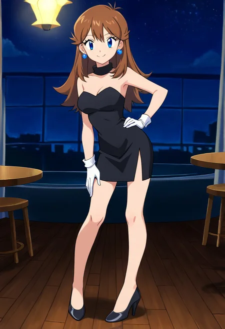 score_9, score_8_up, masterpiece, best quality, uncensored, correct anatomy, detailed background, anime_source, 1girl, solo, alone, perfect eyes, perfect arms, perfect legs, perfect face, indoors, medium breasts, bare shoulders,
gurin, blue eyes, brown hair, long hair, bangs, sidelocks, looking at viewer, a short black sweetheart bodycon dress, black dress, strapless, sexual arousal, black high heels, blue earrings, round earrings, full body, left hand on hip, right hand on knee, standing up, dance floor, night club, smile, looking at viewers, cowboy shot, indoors, disco lighting