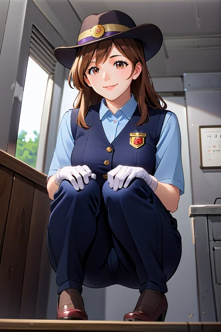 1girl,solo,(masterpiece:1.2),(best quality:1.2),extremely detailed,source_anime,SCORE_9,SCORE_8_UP,SCORE_7_UP,SCORE_6_UP,SCORE_4_UP,SCORE_5_UP,indoors,smile,<lora:Squatting_v2:0.8>,squatting,legs together,from below,hands on own knees,<lora:Mine_Fujiko_-__Lupin_the_3rd:0.9> , Fujiko, brown hair, brown eyes, large breasts, long hair, ,<lora:StS_PonyXL_Detail_Slider_v1.4_iteration_3:3>,<lora:caboose uniform_pony_V1.0:0.6> , caboose uniform, shirt, hat, vest, pants, gloves, ,