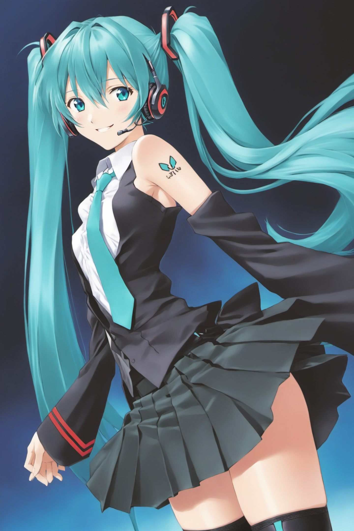 1girl, long hair, solo, hatsune miku, thighhighs, twintails, skirt, detached sleeves, very long hair, necktie, smile, aqua eyes, aqua hair, tattoo, shirt, black thighhighs, sleeveless, zettai ryouiki, black skirt, looking at viewer, headset, sleeveless shirt, hair ornament, pleated skirt, bare shoulders, aqua necktie, headphones, shoulder tattoo, white shirt, standing, black sleeves, miniskirt, <lora:Sadamoto Yoshiyuki_XL:0.8>