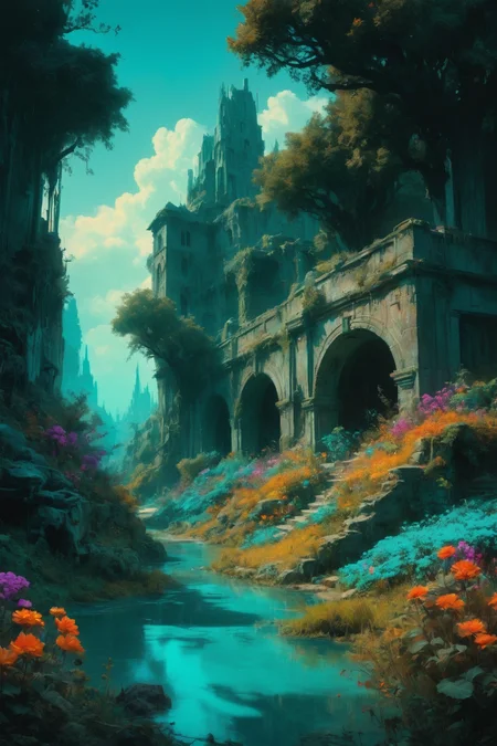masterpiece, overgrown brutalism, Turquoise glow, glowing trees, colorful flowers, breathtaking landscape, (a fantasy village in the style of lush digital painting , Rembrandt Lighting sharp focus and Old Film/Scratches Overlay and film still , , smooth Frank Frazetta ,), William Merle Hido 8k, high resolution film texture in the film Wes Black and Edger Munthe award for photography. 3D realistic matte art digital art <lora:Overgrown_Brutalism_SDXL:.8>