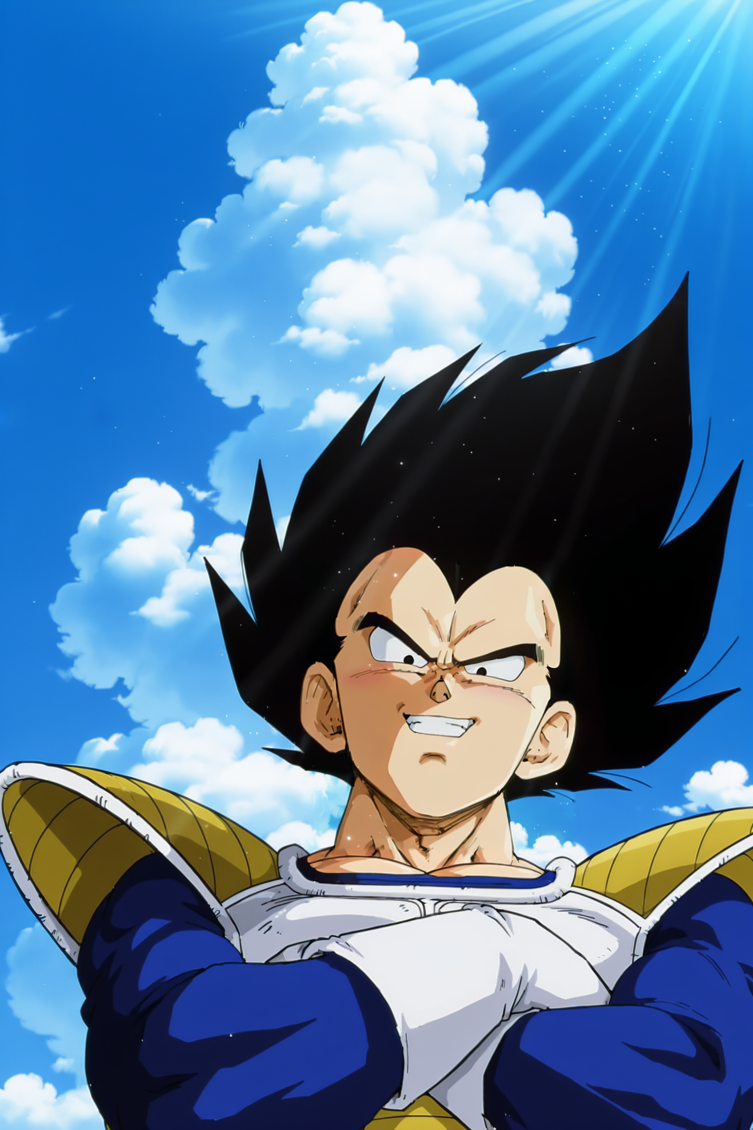 anime screencap, masterpiece, best quality, amazing quality, very aesthetic, absurdres,  newest, (scenery, volumetric lighting), official style, 
vegeta, solo, looking at viewer, smile, black hair, 1boy, upper body, male focus, outdoors, sky, teeth, day, cloud, armor, grin, black eyes, blue sky, muscular, spiked hair, saiyan armor, blue bodysuit, white gloves, crossed arms, from below, v-shaped eyebrows, blush, upper body, 
dappled sunlight, light particles, light rays, 
 <lora:Vegeta_IL:0.8>