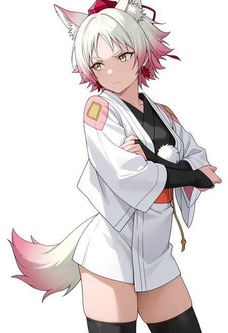 Smooth Quality,masterpiece,very intricate, high quality details, ultra realistic, high detailed skin,detailed enviorement,absurdres,
simple background, white background,solo,
standing, arms crossed, head tilt, serious, balanced stance, confident, ,sideways,raised eyebrow,
<lora:Momiji_cnn:0.8> momijicnn,1girl, wolf ears, yellow eyes, white hair, pink hair, short hair, gradient hair, thick eyebrows,tokin hat, japanese clothes,white kimono,sash, black thighhighs, long sleeves, bridal gauntlets,earrings, pom pom (clothes), tail,