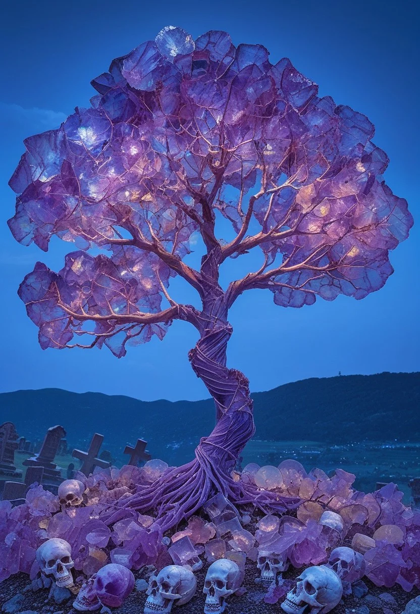 reiq-37400, fluorite mineral, flu0rite, iridiscent, tree made of fluorite, (growing of a skull:1.5), view from above, moon light, night time, (graveyard,:1.4), bones with plants ground out of them, fluorite plants, fluorite flowers,