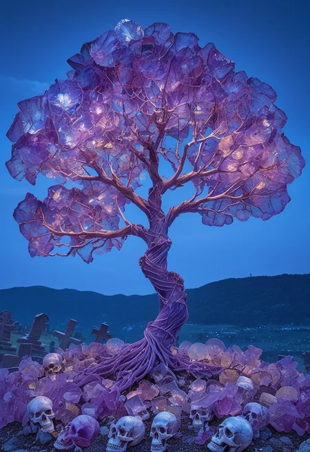 reiq-37400, fluorite mineral, flu0rite, iridiscent, tree made of fluorite, (growing of a skull:1.5), view from above, moon light, night time, (graveyard,:1.4), bones with plants ground out of them, fluorite plants, fluorite flowers,