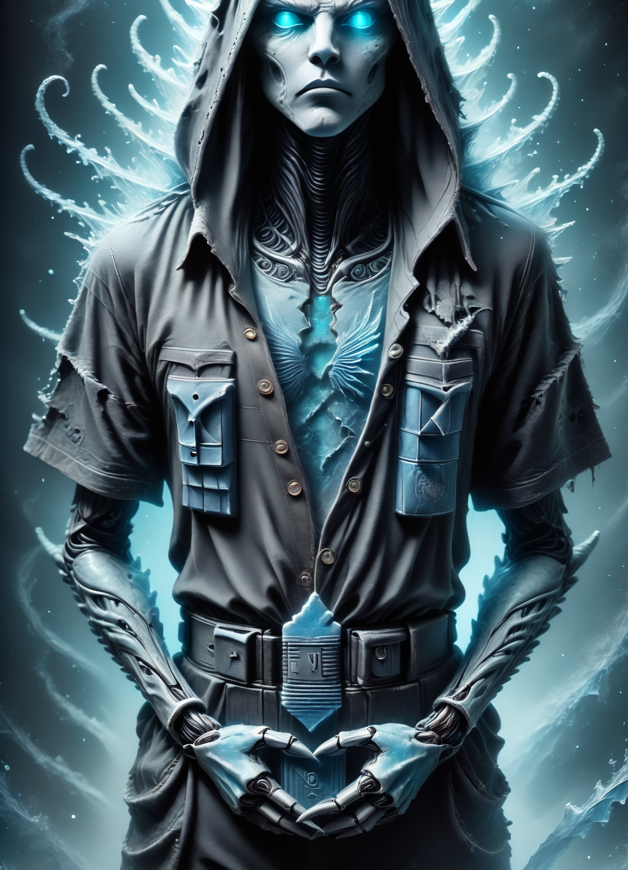 DonMGl00my1c3XL,score_9, score_8_up, score_7_up, score_6_up,black ice, male youth sinewy, inuit, blue eyes, torn ears,   round jaw, high cheekbones,    chin, light black (soft black) curly hair hair, envy wearing  fleece joggers, aqua camouflage shirt, loafers, kufi cap, , hands on the stomach, suggesting nervousness or discomfort,    baggy upper body clothing, cowl neck, robotic synthetics, spotted pattern,  short sleeves, floor-length, empire waist, suspender buttons,,sash,,high slit, button closure,,cargo pockets,,beaded accents,,bleached wash, tailored lower body clothing, solar-powered mesh, alien glyph print, ruler, relaxed fit, high waist, embroidery details,,cross-back,,oil wash,,slit details,,reinforced knees,,belt loops, rating_safe <lora:DonMGl00my1c3XL-pony:0.8>