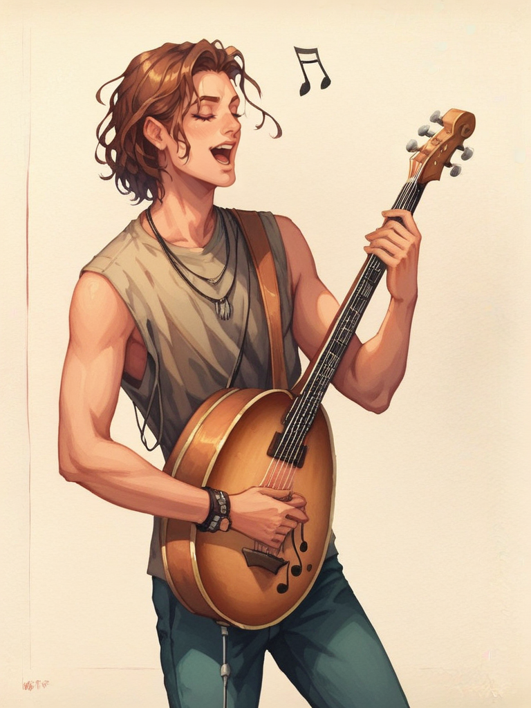 score_9, score_8_up, score_7_up,  <lora:Oblivion:1> oblivionarts, bard, musician, instrument, strumming, singing, open mouth, musical notes, ((simple background)), ornate border