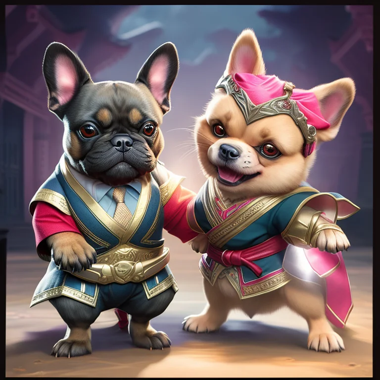a french bulldog fight German shepherd in karate , wearing kimono, pink sunglasses, a bandana, big golden necklace, by anthro, very detailed, intrincated, in the background the interior of a Japanese temple , cinematic light