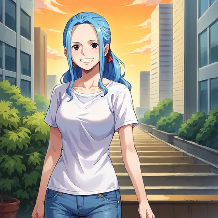 score_9, score_8_up, score_7_up, score_6_up, score_5_up, score_4_up, BREAK source_anime,city,outdoor,smile,standing, <lora:Vivi_V1:1> vivi, blue hair, long hair, side locks, ponytail, wavy hair, forehead, black eyes,white t-shirt,short sleeves,jeans,denim