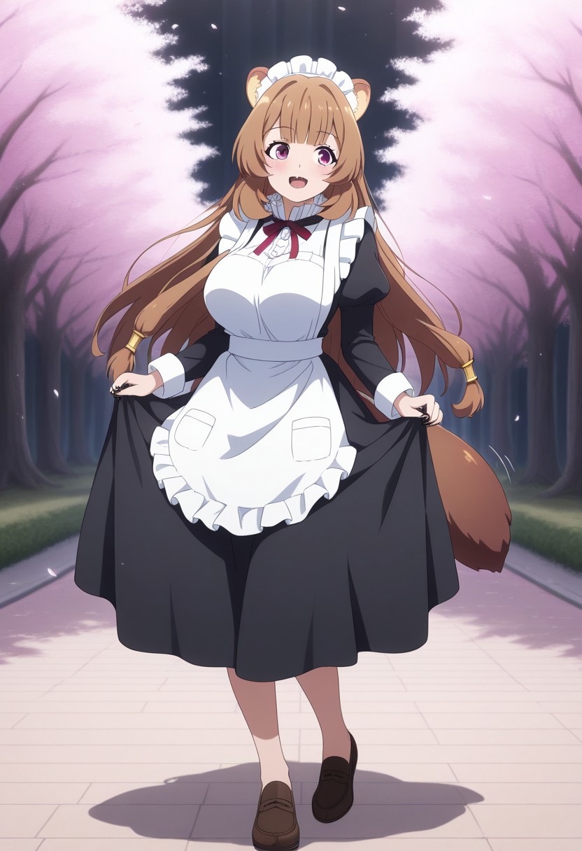 masterpiece, cute, lovely, (best quality:1.3), (amazing quality:1.3), very aesthetic, 1girl, (Kamuo_Style), anime screencap, raphtalia, raccoon ears, fluffy racoon tail, breasts, smiling, open eyes, big eyes, big breasts, blush, close mouth, happy, excited, cell shading BREAK, cherry blossoms background, leaning back, leaning to the side, fangs, smile, black nails, free pose, delicate skin texture, fair skin, delicate face, long eyelashes, pastels, bright tones, wind, light particles, light, bright tones, motion lines, extremely detailed, intricate, delicate details, movie lighting, very beautiful, absurd, dynamic graphics, dynamic angles, special movements, dynamic poses, action poses, dynamic movements, (Illustration: 1.2), (8K Wallpaper), (Beautiful, pretty eyes: 1.2), Delicate eyes, beautiful, soft colors, clear line, soft, pastel, colorful, posing, shadow, head tilted, looking away, standing, upper body , front view, maid uniform, black thighs, maid headwear, apron, loafer, contrapposto, medium long dress, shaded, back lights, lifted by self,
