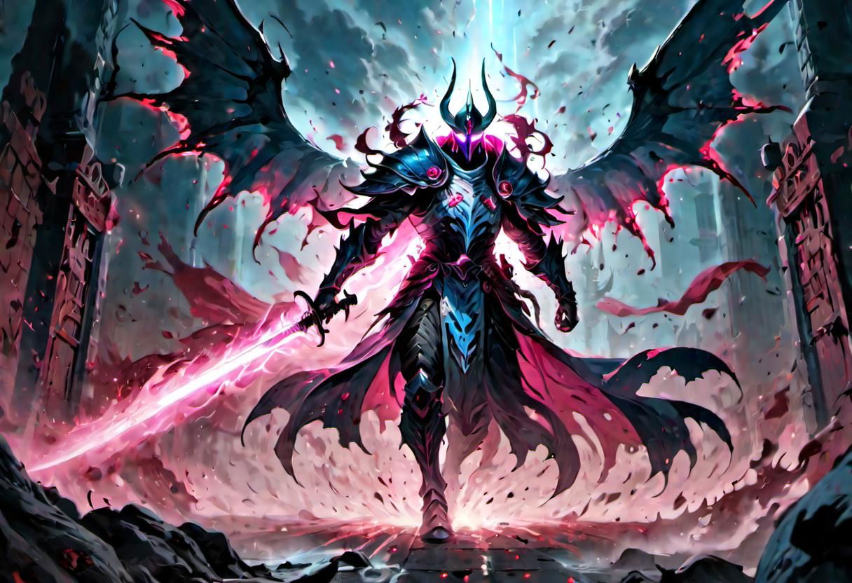 full body warrior of light in white and dark pink  armor clad in shadow dark mist has pink glow eyes with a thing blue mist running from the side of his eyes upwards masked face wielding a stylized katana of light angrey look blood stained cape right shoulder on black fire cloth mask revealing angrey eyes, with huge blue and black angle wings,
standing infront massive gates.
