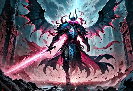 full body warrior of light in white and dark pink  armor clad in shadow dark mist has pink glow eyes with a thing blue mist running from the side of his eyes upwards masked face wielding a stylized katana of light angrey look blood stained cape right shoulder on black fire cloth mask revealing angrey eyes, with huge blue and black angle wings,
standing infront massive gates.