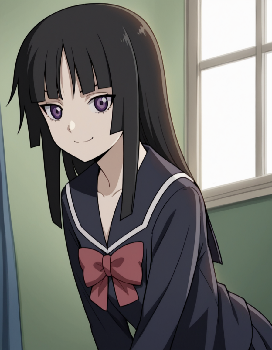 score_9, score_8_up, score_7_up, source_anime, <lora:yomi-isayama-s1-ponyxl-lora-nochekaiser:1>, yomi isayama, long hair, bangs, black hair, purple eyes, blunt bangs, hime cut, long sleeves, bow, school uniform, serafuku, black serafuku,, indoors, bent over, smile, smug, looking at viewer, solo,, cowboy shot, dutch angle