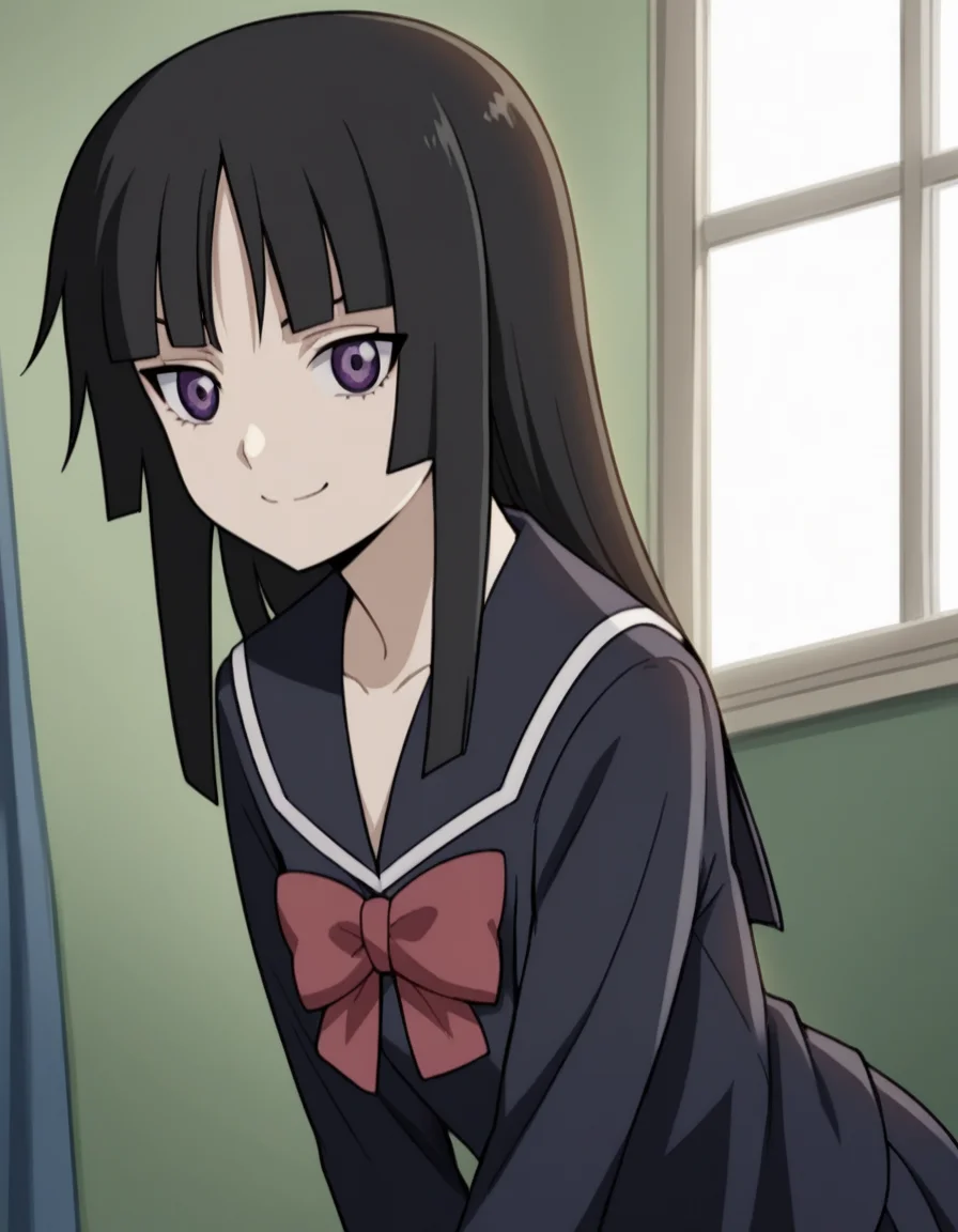 score_9, score_8_up, score_7_up, source_anime, <lora:yomi-isayama-s1-ponyxl-lora-nochekaiser:1>, yomi isayama, long hair, bangs, black hair, purple eyes, blunt bangs, hime cut, long sleeves, bow, school uniform, serafuku, black serafuku,, indoors, bent over, smile, smug, looking at viewer, solo,, cowboy shot, dutch angle