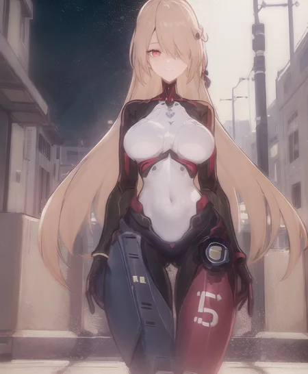 masterpiece, (photorealistic:1.4), best quality, beautiful lighting,(ulzzang-6500:0.4), detailed, full body, sweet smile, Nemesis, bangs, (cyberpunk_city), night street, black_border, blonde_hair, bodysuit, breasts, (full_body), hair_ornament, hair_over_one_eye, joints, letterboxed, long_hair, looking_at_viewer, medium_breasts, pillar boxed, red_eyes, robot_joints, solo, hair_ornament, hair_over_one_eye, hairclip, letterboxed, long_hair, The lens is at a 45% angle of view,
<lora:Nemesis_Tower_of_Fantasy:1>