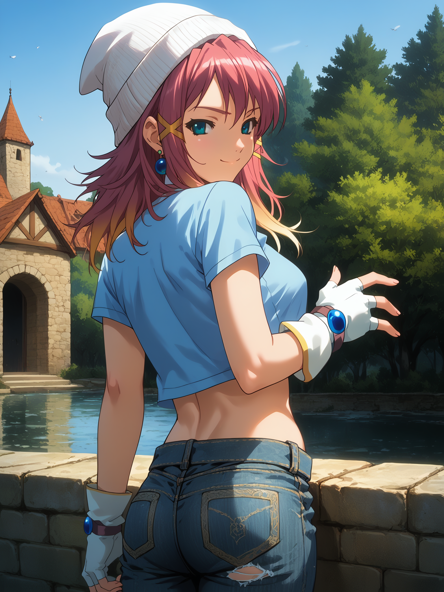 (cowboy shot, solo focus:1.2) <lora:happy_tentacle-asuka-v0.1-000035:1>, ht_asuka, wizard, tiara, white gloves, fingerless gloves (petite:1.2), <lora:Shed_The_Skin's StS_age_slider_v1_initial_release:-1.25> ( :1.1) (sagging breasts:1.2) ( ( head tilt :0.8) , , ( :1.2) , seductive smile , looking back :1.2) , outdoors, vegetation, (overgrown :1.1), , (dawn :0.6), , (:0.5), , (medieval :0.9), (contemporary, streetwear:1.2), torn jeans, denim , beanie , crop top , , two-sided fabric, (jewelry:1.2), earrings, bracelet, necklace, (gradient hair:1.2) , ( :0.8) score_9, score_8_up, score_7_up, score_6_up, score_5_up, score_4_up, ( [(realistic, photorealistic:1.3):(realistic:1.2):16] [(3d:1.2)::14] :1) <lora:LUUNA's Lunas-NijiJourney-SDXL-B2:0.35>, nijijourney <lora:prgfrg23's Counterfeit-V3.0 Style SDXL_LoRA_Pony Diffusion V6 XL:0.5> <lora:mfcg's mfcgXL:0.12> <lora:reweik's gyokai(himehajime)_PonyXL_style_v01:0.14>