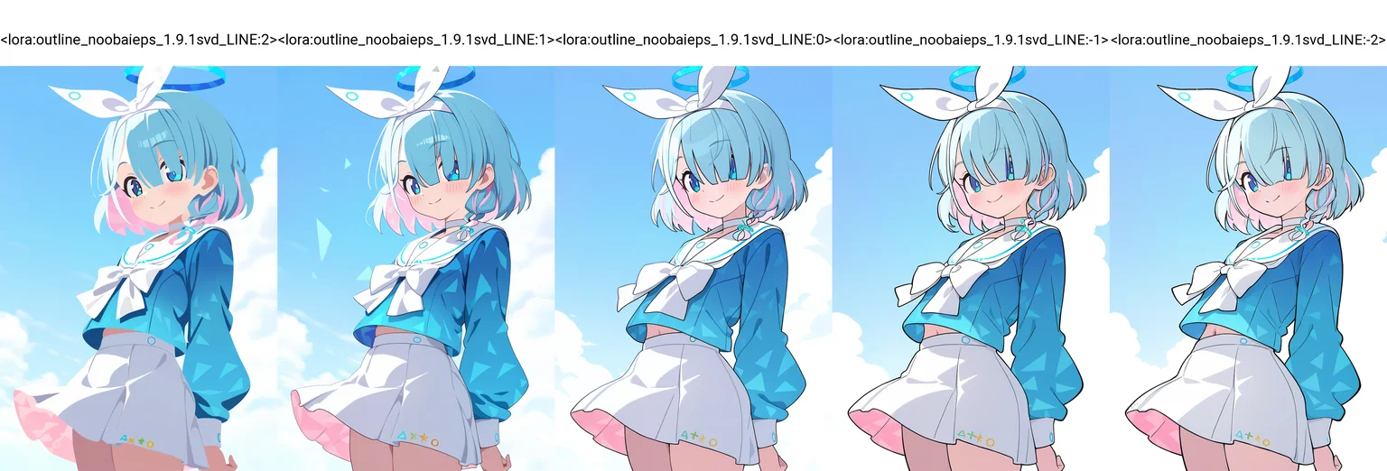 arona \(blue_archive\),blue eyes,blue hair,blue halo,single braid,short hair,
bow hairband,white skirt,blue serafuku,white skirt,
smile,
cowboy shot,
very awa,masterpiece,best quality,year 2024,newest,highres,absurdres,
<lora:outline_noobaieps_1.9.1svd_LINE:2>,