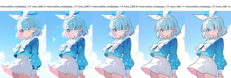 arona \(blue_archive\),blue eyes,blue hair,blue halo,single braid,short hair,
bow hairband,white skirt,blue serafuku,white skirt,
smile,
cowboy shot, 
very awa,masterpiece,best quality,year 2024,newest,highres,absurdres,
<lora:outline_noobaieps_1.9.1svd_LINE:2>,