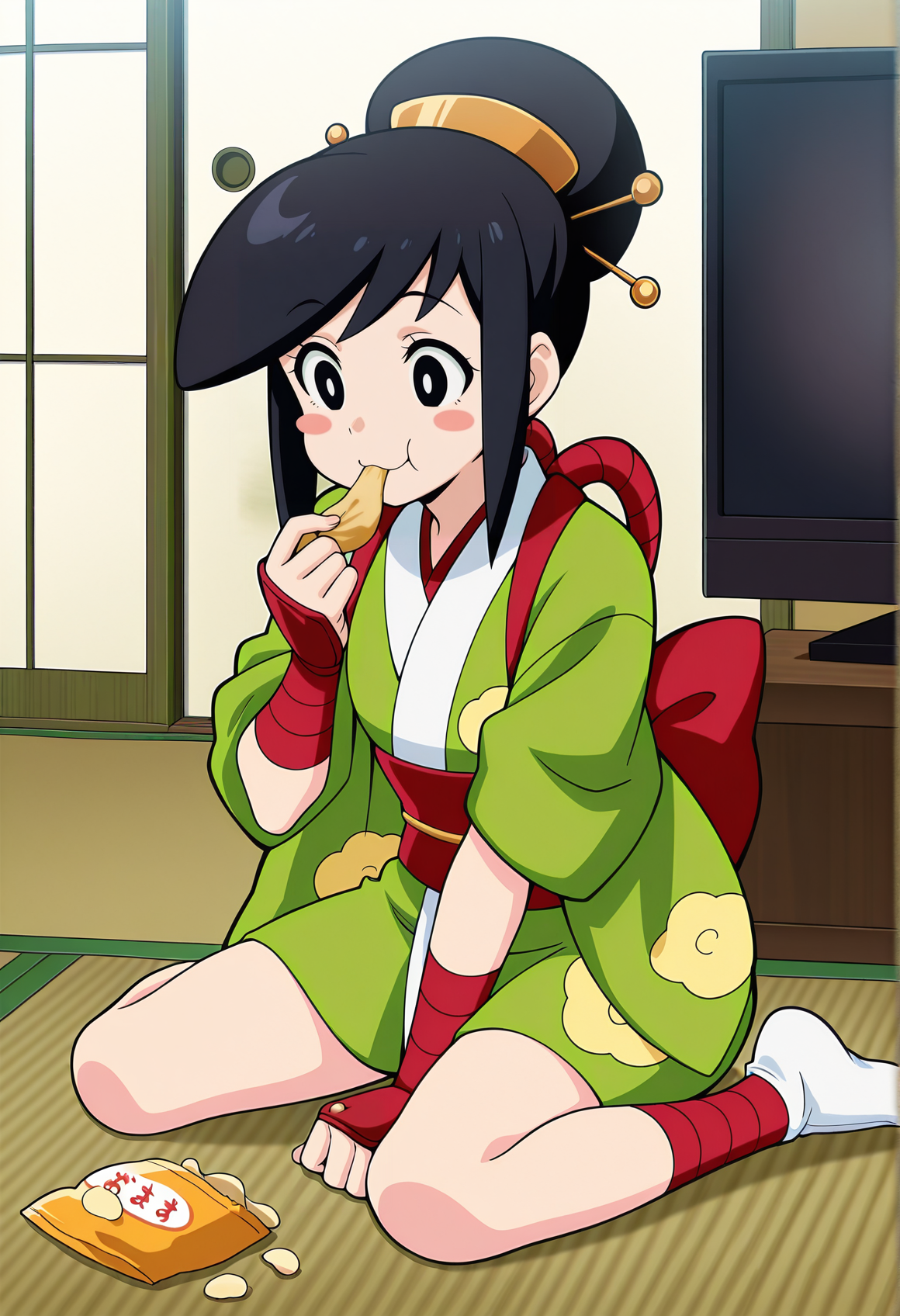 anime screencap, anime coloring, 1girl,  black hair, black eyes, sidelocks, single hair bun, hair ornaments, japanese clothes, green kimono, arm wrap, blush stickers, wariza, eating potato chips, laughing, watching television, tatami, tabi <lora:Ayame_power_stone:1>, masterpiece, best quality, amazing quality, very aesthetic, absurdres, highres, newest