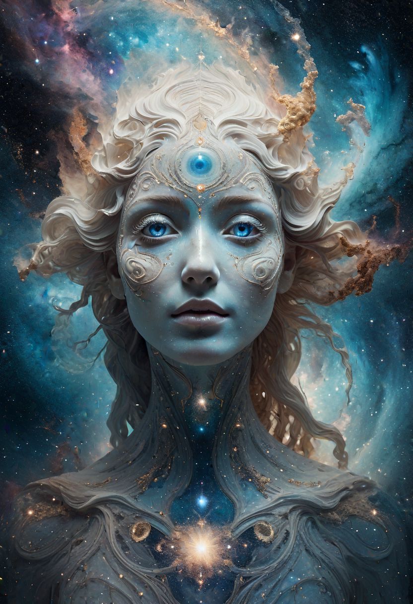 celestial being portrait, swirling galaxies, nebulae, intricate cosmic details, cosmic eyes, vast knowledge, aged textures, soft ethereal glow