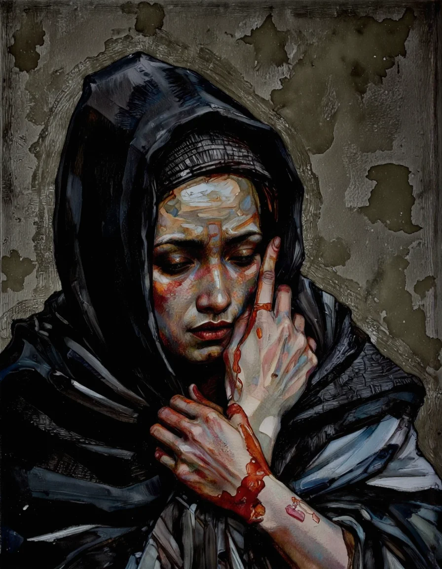 By Craig Hanna. A digital illustration shoot from a profile camera angle about a woman in a black hooded cloak, her hands clasped together in prayer, with a somber expression. the image also shows a dark, textured background with a muted color palette. on the middle of the image, a woman appears to be in her late 60s, with pale skin, wearing a black veil and a black shawl. she is facing the viewer, with her eyes closed and her mouth slightly open, as if she is crying. her hands are covered in blood, with some of the skin appearing to be cracked and chipped, giving her a distressed look. the woman's face is adorned with tears, adding to the somber mood. the overall mood is somber and melancholic, conveying a sense of sadness and despair.