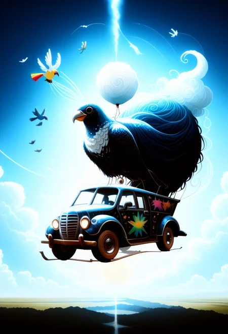 ppstorybook, A whimsical, flying van made of shingles with rainbow-colored paint and oversized wheels, soaring through the clouds with balloons made of shingles trailing behind, surrounded by fluffy clouds made of shingles and playful birds made of shingles , depicted in a cheerful, cartoonish style with soft pastel hues. mad-shingles