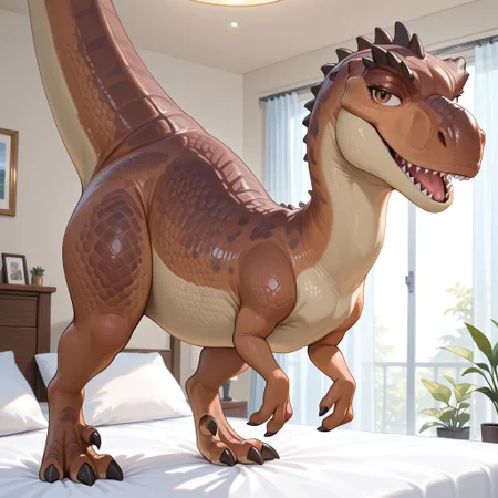 1girl, highres, absurdres, newest, masterpiece, best quality, furry, furry_female, Mommatrex_ia, dinosaur, brown scales, tail, claws, brown eyes, (bipedal, feral, tiny arms:1.3), detailed eyes, (standing, on two legs), open_mouth, open mouth smile, luxurious detailed room, bright room, day scene, professional lighting, white bed, solo, bedroom, smiling, seductive, looking_at_viewer, masterpiece, close up, safe