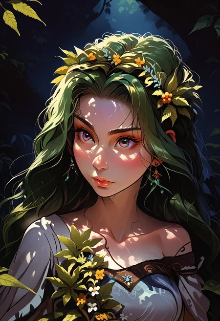 score_9, score_8_up, score_7_up, source_anime, source_cartoon, a detailed portrait of a fierce female warrior, her design inspired by the natural elements of cannabis plants. She has long, flowing green hair resembling cannabis leaves, with intricate patterns of veins running through them. Her armor is very revealing and is made from vines and leaves, featuring shimmering emerald and gold tones that reflect light like trichomes. Her piercing eyes glow with a serene yet powerful intensity. The background is a mystical, foggy forest with giant cannabis plants towering behind her, their leaves gently swaying in the wind. The overall atmosphere is ethereal and earthy, blending nature and strength.