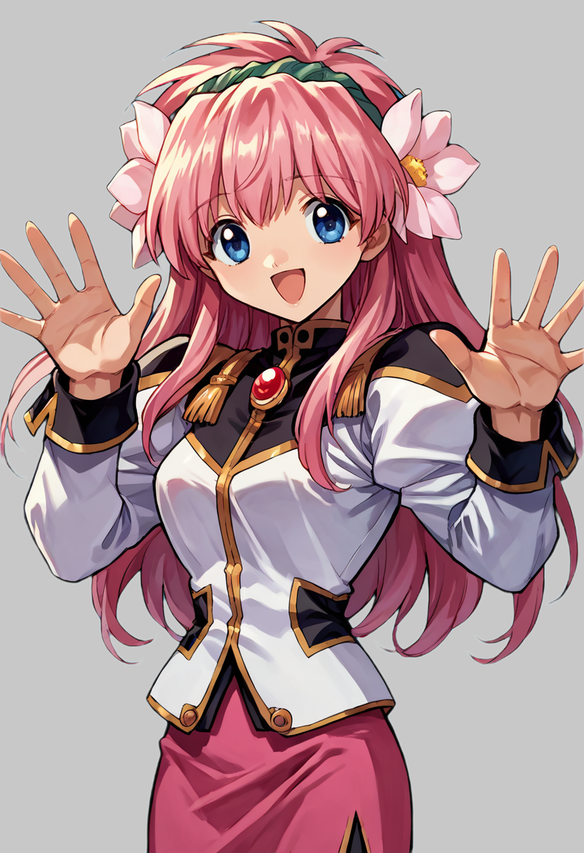 score_9, score_8_up, score_7_up, source_anime BREAK 1girl, solo, ga_milfeulle, (1990s\(style)\:0.7), cowboy shot, military uniform, pencil skirt, pink skirt, brooch, long sleeves, pink hair, bangs, hair flower, hairband, long hair, blue eyes, looking at you, smile, open mouth, waving hand, simple background <lora:ga_milfeulle_2-000013:1>