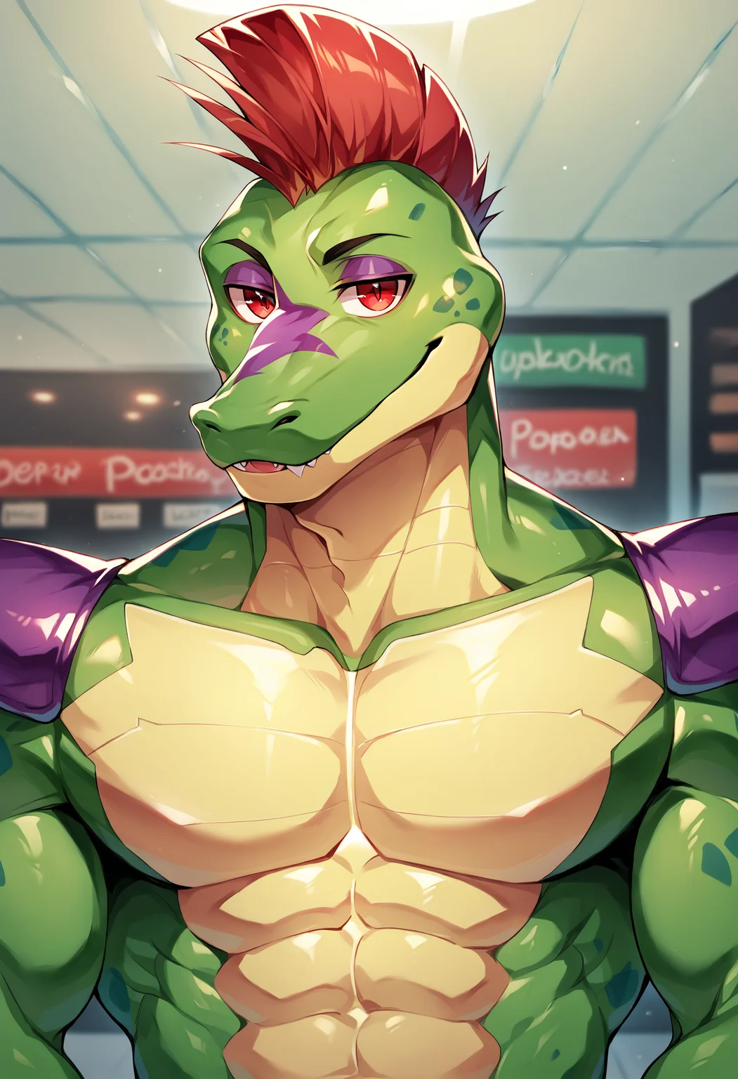 score_9, score_8_up, score_7_up, lots of details, highly detailed, close-up, (montgomery gator), (alligator, green skin, red mohawk), male, pizzeria, (muscular man, abs), red eyes, dark green short, chromatic aberration, detailed eyes, correct eyes, beautiful eyes, masterpiece, amazing quality, best quality, 8k <lora:Monty:0.95>