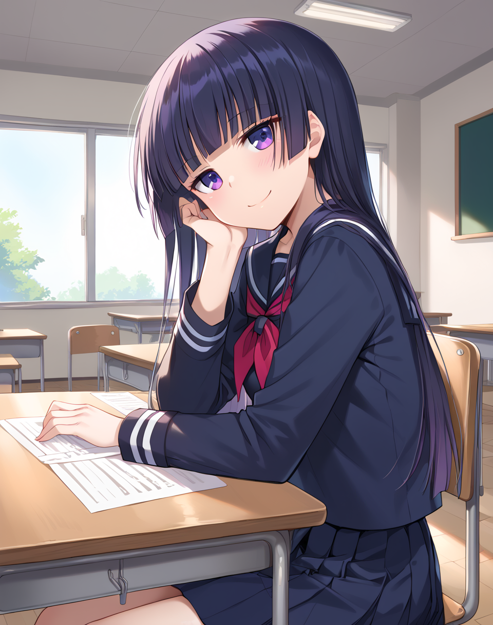 ruri_gokou, black hair, long hair, purple eyes,school uniform, serafuku, hime cut,  black shirt, red ribbon, black skirt, small breasts BREAK  indoors, classroom, sunset BREAK shy smile, from side, looking at side, sitting, on chair,  desk, head tilt, head rest  BREAK score_9, score_8_up, score_7_up, source_anime ,zPDXL, perfect hand, <lora:Ruri_Gokou:0.8>