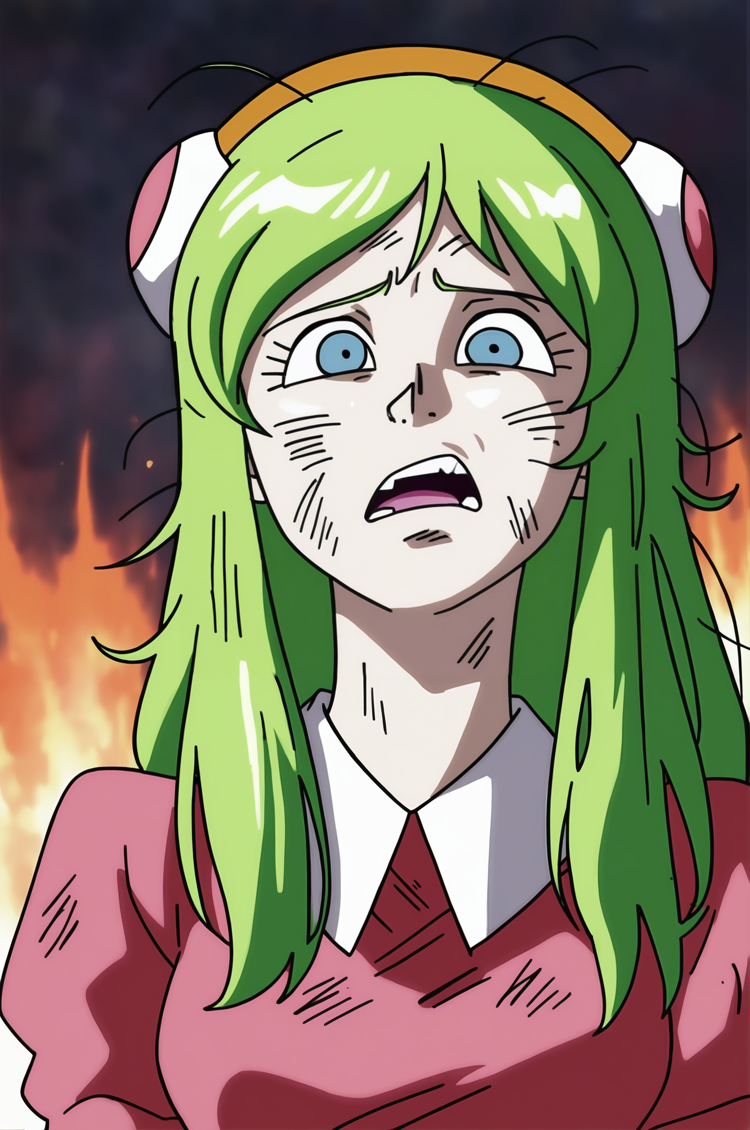 source_anime, score_9, score_8_up, score_7_up, anime screencap, absurdres, 
brianne, meme, 1girl, solo, long hair, looking at viewer, open mouth, blue eyes, upper body, arms by side, detailed, green hair, upper teeth, tired, yellow hairband, messy hair, dirty clothes, dirty face, eyelashes, fire background
 <lora:brianne_pony_v2:0.8>