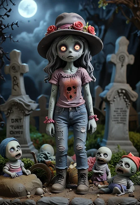 crawling(ghastly zombie) feminine, Average body, wearing putrid gray dirt-covered top, ragged pants, broken boots, hollow eyes, haunted hat, set in a haunted graveyard, with shadowy figures, broken crypts, eerie statues, and ghostly whispers, at night, Masterpiece,best quality, very aesthetic,