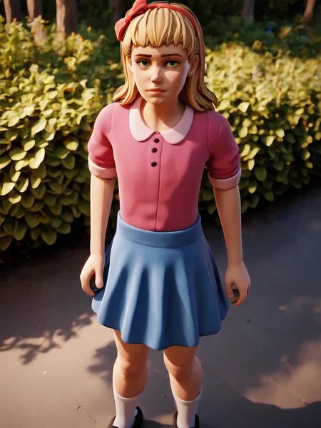 score_9, score_8_up, score_7_up,  score_6_up, BREAK, EliAfton, 1girl, solo, blonde hair, green eyes, hairband, hair bow, pink shirt, blue skirt, white socks, black shoes, looking at viewer, in the forest,  <lora:Elizabeth_Afton:1>