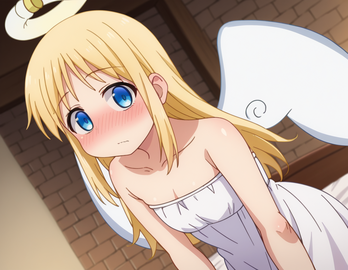 score_9, score_8_up, score_7_up, source_anime,
crimvael, <lora:crimvael-ponyxl-lora-nochekaiser:1>
crimvael, long hair, blue eyes, blonde hair,
dress, bare shoulders, collarbone, wings, white dress, strapless, halo, strapless dress, angel wings, white wings, angel,
indoors, bed, bed room, on side, blush, drunk,
looking at viewer, dutch angle, cowboy shot,