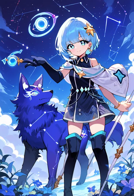 score_9,score_8_up,score_7_up,source_anime,zPDXL3,fantasy,outdoors,night,night sky,star (sky),sky,starry sky,crystal,white flower field,
*//*,<lora:SiaAstelle_Pony:1>,sia_astelle,1girl,solo,blue hair,short hair,bangs,blue eyes,gloves,thighhighs,thigh boots,star (symbol),earrings,hair ornament,jewelry,black dress,sleeveless,black footwear,single glove,black elbow gloves,staff,holding staff,smile,(star_wolf, wolf, oversized animal, galaxy skin, constellation:1.3), *//*,looking at viewer,cowboy shot,dutch angle,dynamic pose,